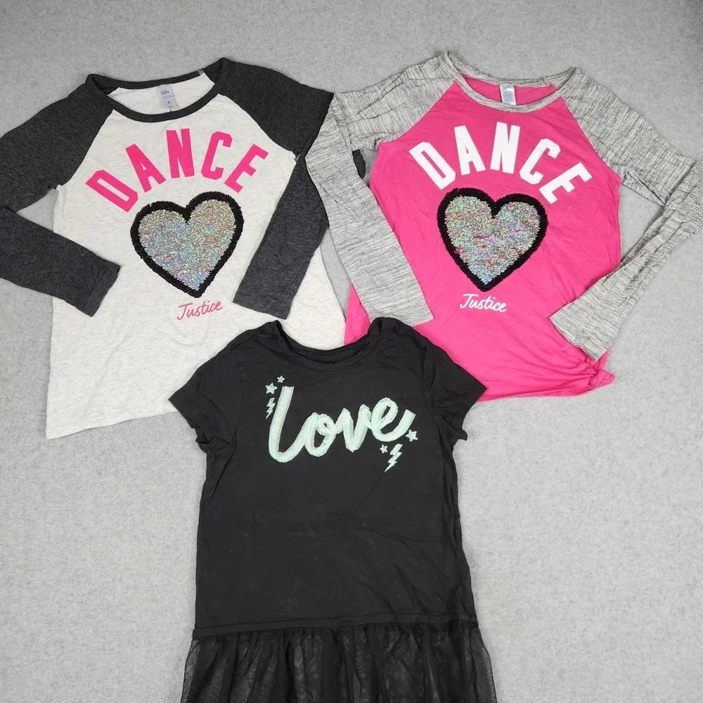 Justice T Shirt Bundle Girls 8/10 Pink Multi Cotton Dance Love Sequin Lot of 3